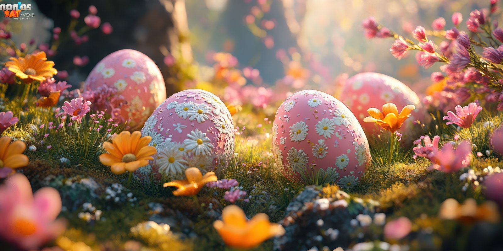 Colorful eggs hidden among blooming flowers in a serene garden during spring